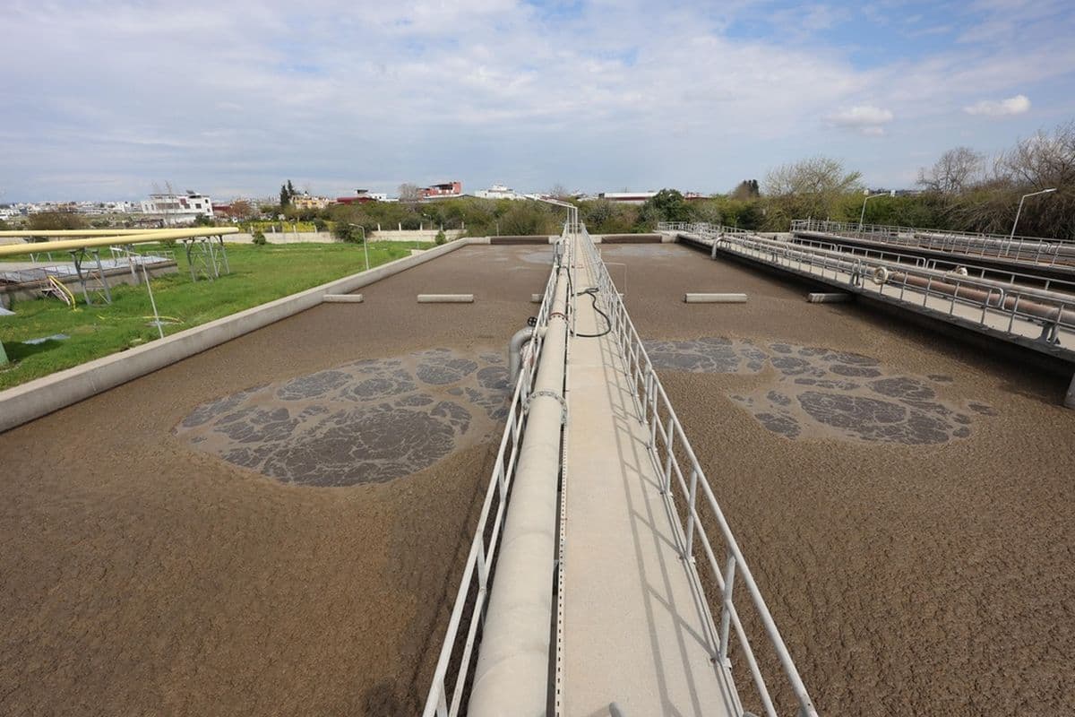 Sludge holding tank surface showing accumulated solids.