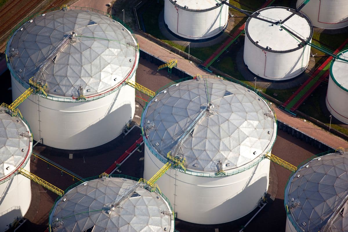 Aboveground steel storage tanks at an industrial facility.